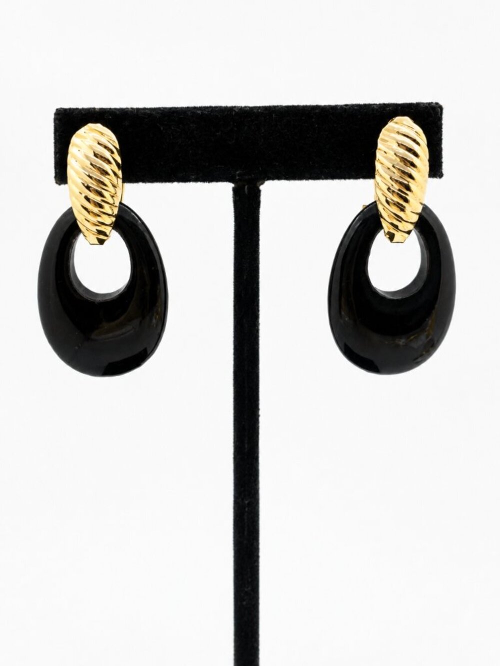 VINTAGE GOLD TONE Earrings 80s Ribbed Convertible Door Knocker Black Hoop